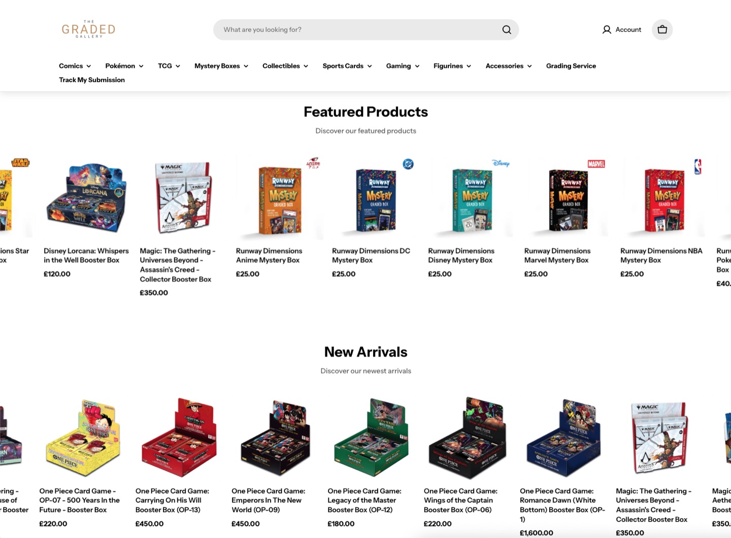 The Graded Gallery website — featured products and new arrivals