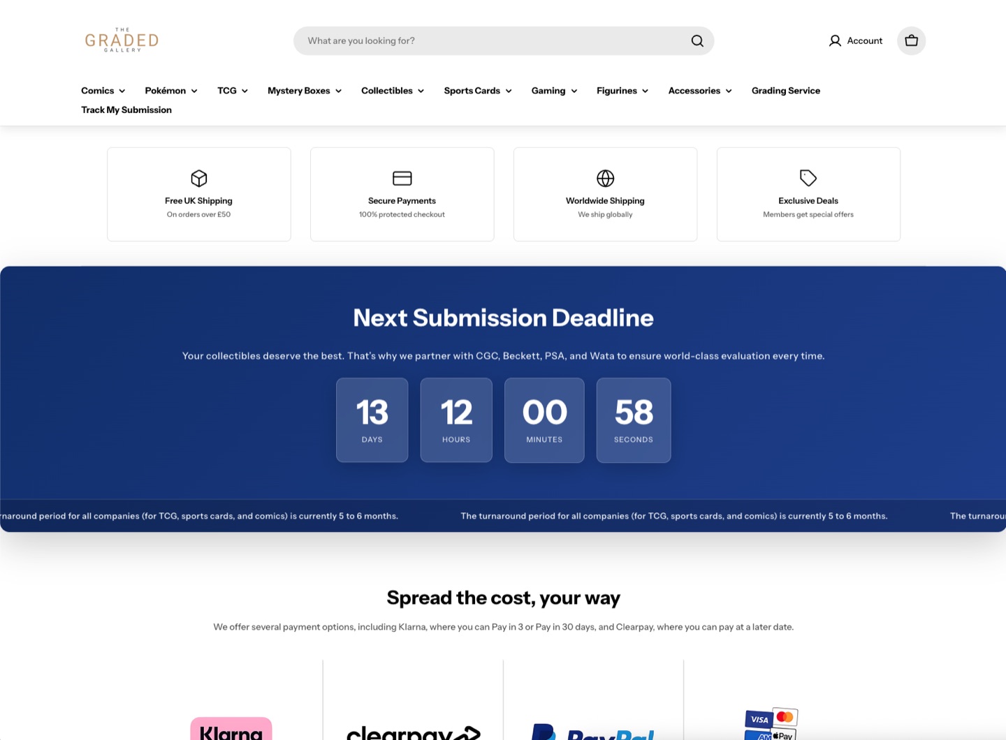 The Graded Gallery website — trust signals, submission deadline and flexible payment options